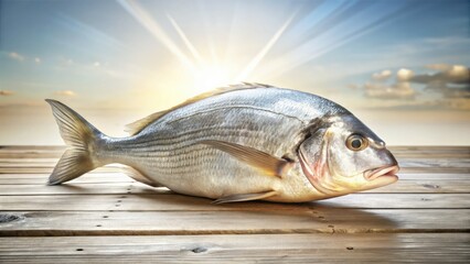 Fototapeta premium Vintage Dorado Fish, Silver Scales, Wooden Dock, Sunlight, Fishing, Still Life Photography