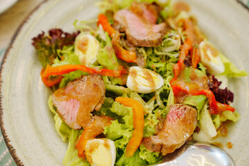 A plate of meat salad made from lettuce, quail egg, vegetables and steak.
