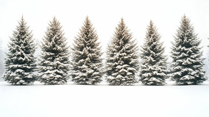 Obraz premium Five snow-covered evergreen trees stand in a row against a white background