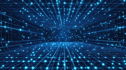 Fototapeta premium Abstract blue digital network grid futuristic technology background 3d web data glow lines space