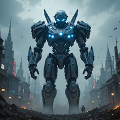 Fototapeta premium Giant maccha robot, futuristic cityscape blue glowing details imposing stance apocalyptic atmosphere
