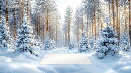 Fototapeta premium Snowy forest scene with a blank space in the foreground Winter wonderland