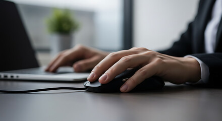 Fototapeta premium Close up of a person's hands using a computer mouse and laptop, working in office, business concept.