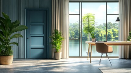 Fototapeta premium Stylish modern workspace with natural tones, sleek blue doors, green indoor plants, gray stone flooring, and curtain-covered lakeside views