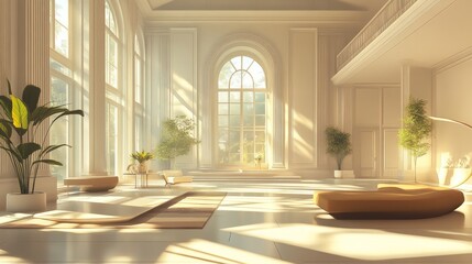 Upscale house interior with extra-high ceilings, soft lighting, neutral colors, and sleek modern furniture