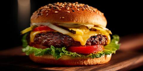 Close-up of cheeseburger on wooden board, showcasing sesame seed bun, melted cheese, beef patty, lettuce, tomato, and pickles.  Appetizing food photography ideal for menu or advertisement