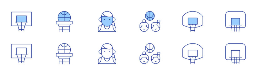 Basketball icon set in two styles, Duotone and Thin Line style. Editable stroke. basketball, basket, basketball player, backboard