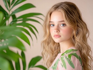 Naklejka premium Teenage girl, floral dress, plants