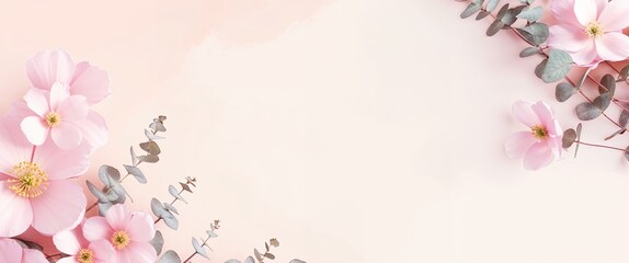 A delicate arrangement of soft pink flowers, each with intricate petals and yellow centers, are scattered amidst towering stems of fresh eucalyptus branches, their silvery-green leaves glistening in t