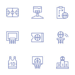 Basketball icons set. Thin Line style, editable stroke. strategy, basketball, basketball court, basketball hoop, tshirt