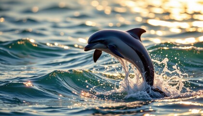 Portrait of a dolphin mid jump above shimmering sea waves, sunlight splashing through water droplets, photo realistic style.
