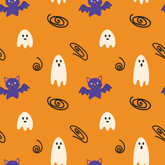 seamless vector pattern set against a bright orange background, dedicated to the Halloween theme