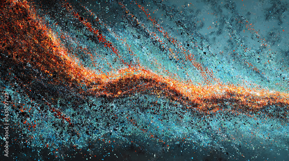 Aufkleber Abstract texture of teal, orange, and black particles resembling a cosmic nebula, creating a dynamic and energetic visual effect, ideal for design backgrounds