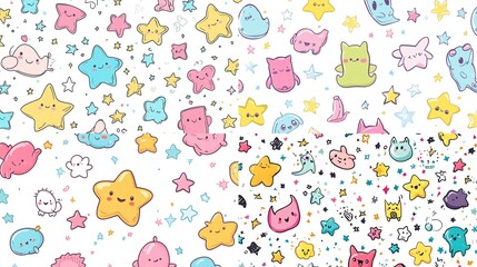 Cute cartoon stars, monsters, and clouds seamless pattern.