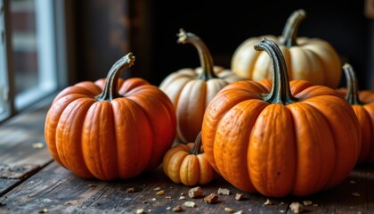 Close up photo of seasonal pumpkins resting on wooden table, moody shadows and autumn colors for rustic food styling.