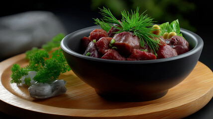 Beautifully arranged bowl of stew meat, garnished with fresh herbs and spices, sits wooden platter. rich colors and textures create inviting and appetizing presentation, perfect for gourmet meal