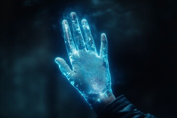 Hand with biometric scanner, touchless identity verification, or digital hologram of a handprint on a dark background. Big data security technology concept for on-screen and frosty blue, a futuristic 