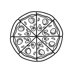 Hand drawn pizza with toppings outline illustration of sliced pizza icon graphic