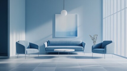 Minimalist home interior with blue furniture, light, airy room; cozy modern use