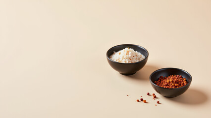 A simple yet elegant set-up of three bowls containing ingredients commonly used in a Mediterranean diet against a neutral background, inviting viewers to focus on the food.