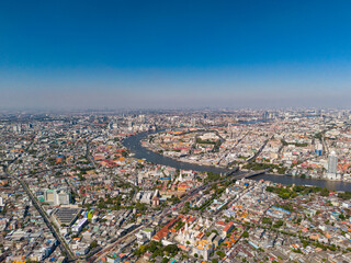 Bangkok aerial view of Rattanakosin Island with Chao Phraya River and low-rise buildings of the old city