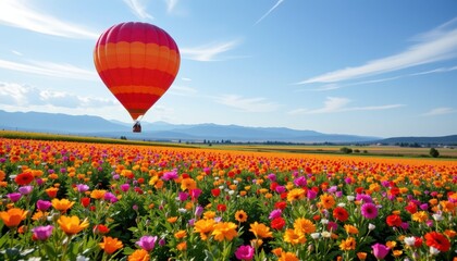 Fototapeta premium Hot air balloon above colorful flower field, bright cheerful palette with wide open sky and joyful freedom, photo inspired scene.