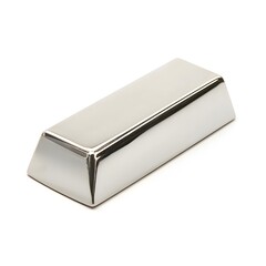 A shiny, reflective silver bar, ingot, or bullion sits isolated against a white backdrop, representing wealth, investment, and the precious metal's value and allure.