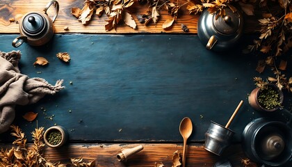 Autumn-themed kitchen setup with spices and wooden utensils copy space