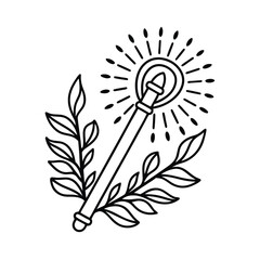 Isolated magic wand line art with sparkle and leaves decoration on white background