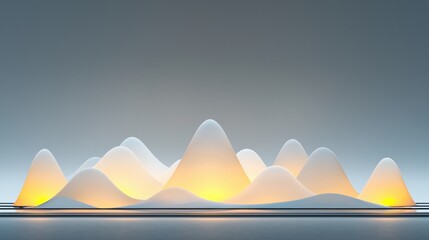 A 3D rendering of a futuristic landscape with a series of wave-like structures illuminated by warm yellow light.