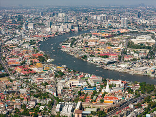Obraz premium Historic Rattanakosin Island and Chao Phraya River aerial view of Bangkok old city