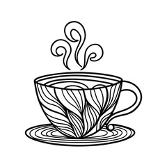 Artistic line art of steaming cup of coffee or tea on saucer vector