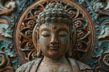 Ancient statue great Buddha on bright holiday composition, abstract vivid composition consists of fictional unreal fantastic vision on background