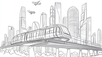 Urban transit sketch, elevated train, city skyline, background illustration