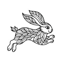 Intricate black and white vector illustration of a leaping rabbit with leaf pattern