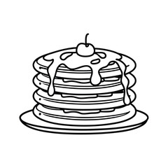 Stack of pancakes with syrup and cherry line art illustration on plate