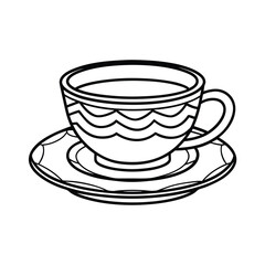 Line art illustration of decorated tea cup and saucer for coloring page