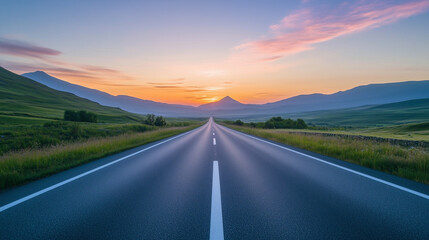 Naklejka premium Open Road Through Countryside Leading to Serene Sunset 