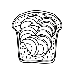 Outline illustration of toasted bread with sliced avocado for healthy breakfast menu