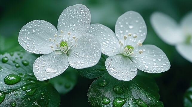 White blooms glisten with morning dew, fresh & serene