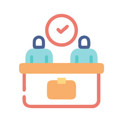 Two people behind counter with confirmation check mark symbol