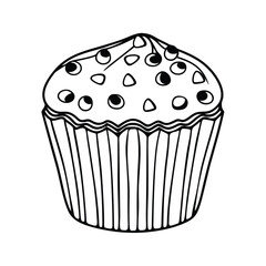 Simple outline illustration of a cupcake with chocolate sprinkles in black and white