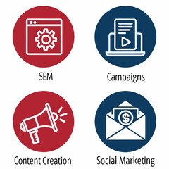 Digital Marketing Icons Set Representing Online Strategies And Communication Tools