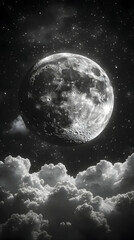 Obraz premium A grayscale image of a full moon over a layer of fluffy clouds and a starry night sky