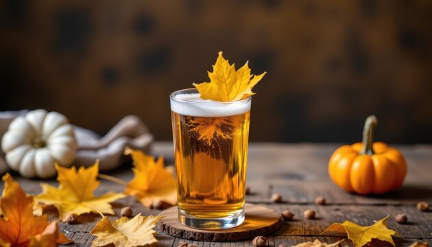 Autumn themed drink setup with glass of beer and golden autumn leaf, placed on wood table