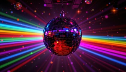 Shiny disco ball suspended over dark background, reflecting rainbow light across surrounding space, retro nightlife photography