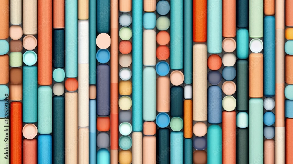 Fototapete a vibrant display of colorful tubes and cylinders arranged in a repeating pattern.