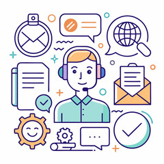 Man With Headset And Customer Support Icons In Linear Style Design
