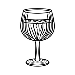 Stylized line art illustration of a wine glass filled with liquid on white background