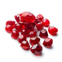A small pile of faceted red garnet beads is scattered on a bright white surface, casting delicate shadows in a simple, clean jewelry still life shot.